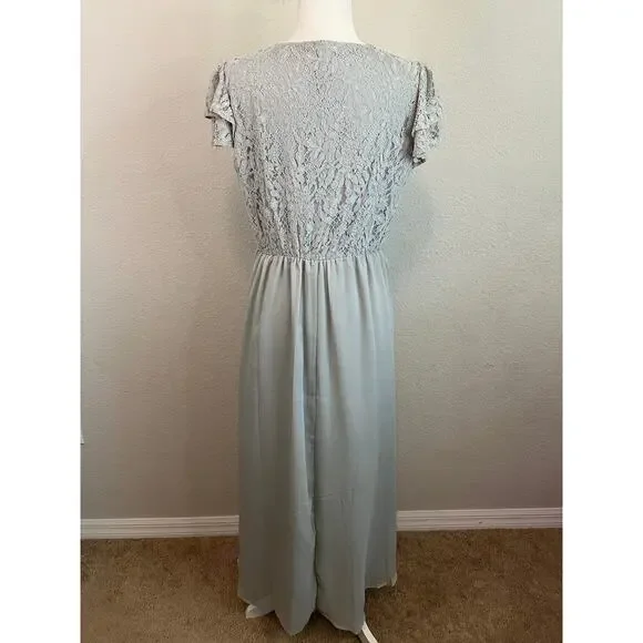 New Tea N Rose Maxi Dress Women's L Blue Gray Lace Flutter Sleeve Boho Chic - Picture 5 of 8